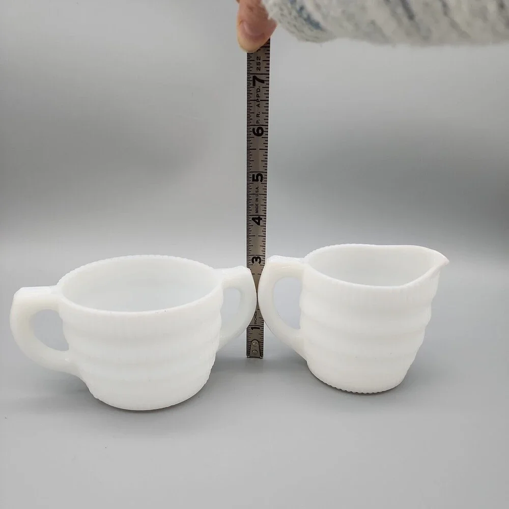 VTG Hazel Atlas Milk Glass Creamer & Sugar Beehive Fine Ribbed White Cira 1940's